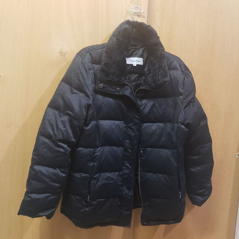 Calvin Klein Black quilted jacket W faux-fur lined stand collar MED #B1